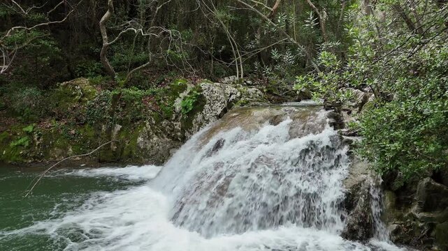 Drone flight over Stathula Polylimnio Waterfall, Peloponnese, Greece