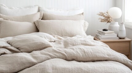 Tranquil bedroom with sand and linen tones, layered bedding, wooden nightstand with vase and books, softly lit by bedside lamp