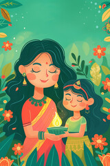 Happy Diwali Illustration with Mother and Daughter – Indian Festival Celebration