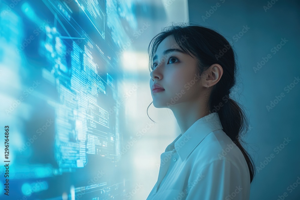 Poster A young woman gazes intently at a large digital screen displaying complex data streams and code.