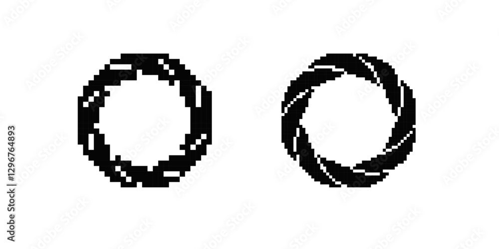 Poster two pixel art circular patterns with geometric shapes create a bold and symmetrical design.