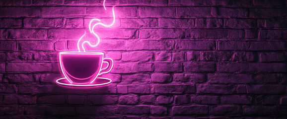 Neon pink coffee cup glowing with steam on a brick wall background, symbolizing modern coffee culture, stylish cafe aesthetics, and vibrant urban design