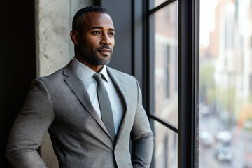 Confident businessman in grey suit looking thoughtfully out of a window, contemplating future success.