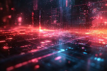 Fototapeta premium Abstract Digital Cityscape Red Blue Neon Glowing Lines Futuristic Technology Background Modern Data Network Innovation Digital Art High Tech 