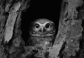 Close-Up View of an Owl Peering Out from a Tree Hollow in Black and White Photography, Perfect for Nature Lovers and Wildlife Enthusiasts