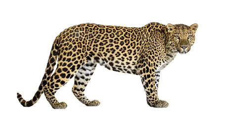 Full body profile of a leopard walking on a transparent background, perfect for easy integration into any design project