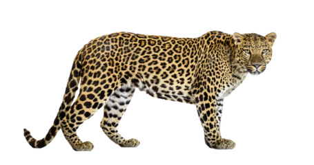 Full body profile of a leopard walking on a transparent background, perfect for easy integration into any design project