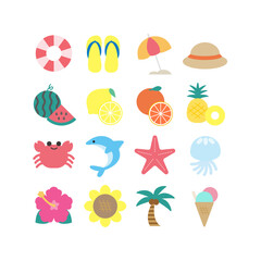 シンプルでフラットな夏のビーチアイコンセットのベクターイラスト｜Simple & Flat Summer Beach Icon Set
