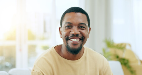 Happy, confident and portrait of black man on a sofa for relaxing and positive attitude in living...