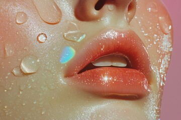 Fototapeta premium A surreal close-up of sparkling dewdrops on luminous skin, reflecting golden light in an ethereal beauty aesthetic