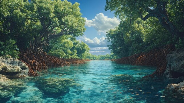 Lush greenery surrounds tranquil waters, creating serene paradis