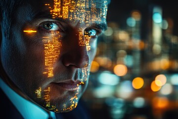 A man's face is overlaid with glowing digital code, symbolizing the merging of humanity and technology in a futuristic cityscape.