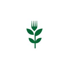 Food logo Fork icon with leaves combination in simple flat green vector design style