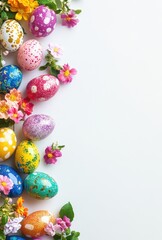 Obraz premium Colorful Easter Eggs Surrounded by Vibrant Flowers on a Bright White Background for Spring Celebrations and Festive Decor