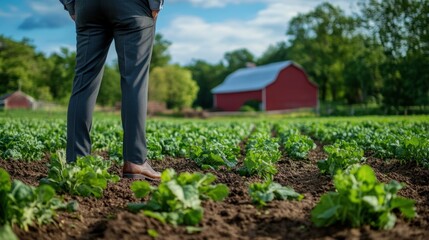 Businessman surveys spinach field, red barn background; agriculture investment
