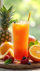 Fototapeta premium fresh fruit juice oranges apples pineapple glass