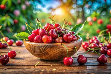 Ripe Cherries in Wooden Bowl: Double Exposure Stock Photo