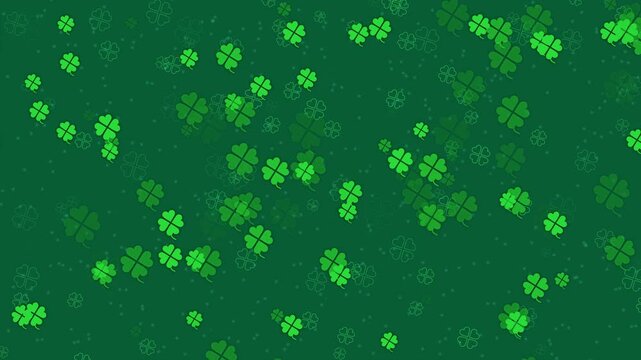 Abstract festive video background with animated four leaf clover leaves or lucky shamrocks falling on dark green backdrop. Decorative celtic animation for Saint Patrick's Day holiday celebration.