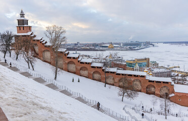 Nizhny Novgorod, winter landscape with Kremlin wall and coasts of Volga