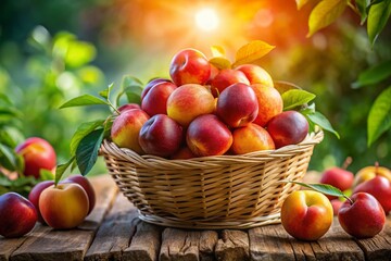 Ripe Nectarines Small Harvest Summer Fruit Picking Basket