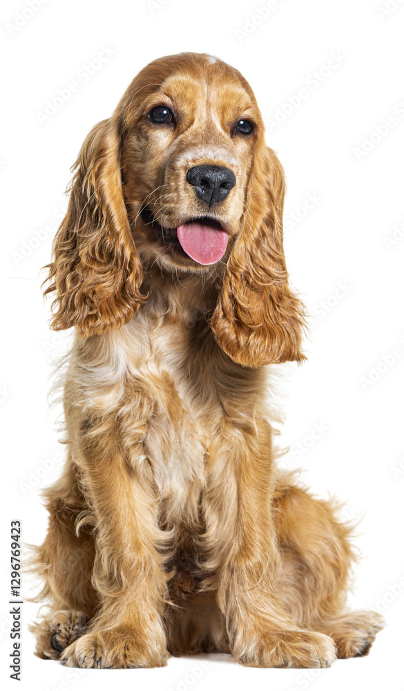 Poster studio shot of an english cocker spaniel sitting and panting, isolated on a transparent background
