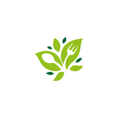 natural leaf food logo with spoon and fork combination in flat vector design style