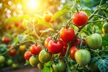Ripe Red Tomatoes Growing on Vine in Sunny Summer Garden - Organic Produce Stock Photo