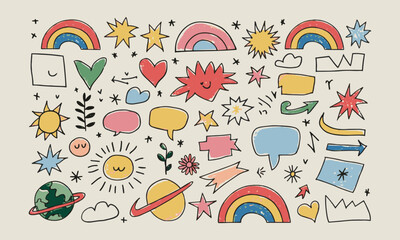 Modern vector-style image featuring playful crayon-like doodles, easily editable.