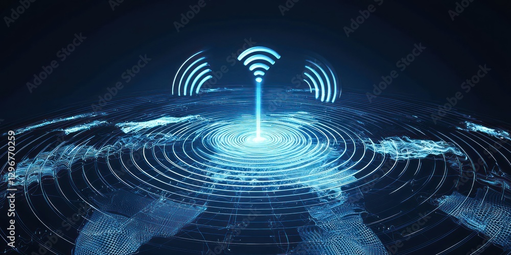 Poster a futuristic depiction of soundwaves emanating from a central hub, symbolizing global podcasting.