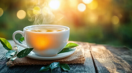 Obraz premium Warm cup of tea sits on a wooden table surrounded by fresh leaves and soft light in a tranquil outdoor setting during sunset