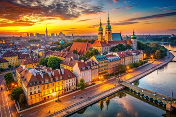 Romantic Aerial View of Historic Warsaw, Poland: Sunset Over the Old Town