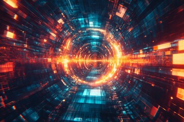 Obraz premium Abstract Digital Tunnel Orange Blue Neon Lights Glowing Energy Technology Background Futuristic Sci Fi Design Modern Art Illustration Graphic Design 