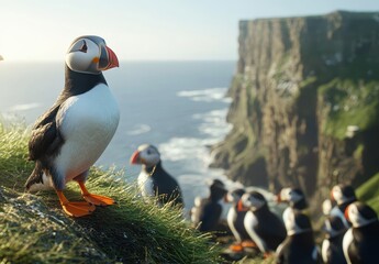 Fototapeta premium Colorful Puffin Bird Standing on Green Grass at Scenic Coastal Cliffs with Ocean in Background Illuminated by Soft Sunlight in a Beautiful Landscape