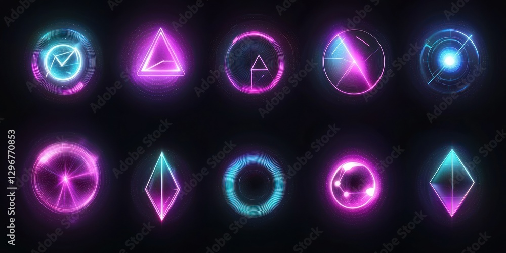 Poster a futuristic icon set featuring glowing effects and digital-style shapes for modern projects