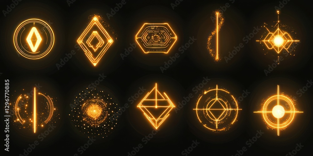 Poster a futuristic icon set featuring glowing effects and digital-style shapes for modern projects
