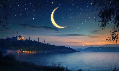 Naklejka premium enchanting night scene of the crescent moon shining brightly in the sky