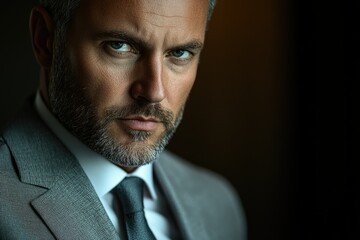Fototapeta premium A serious, middle-aged man in a grey suit stares intensely into the camera.