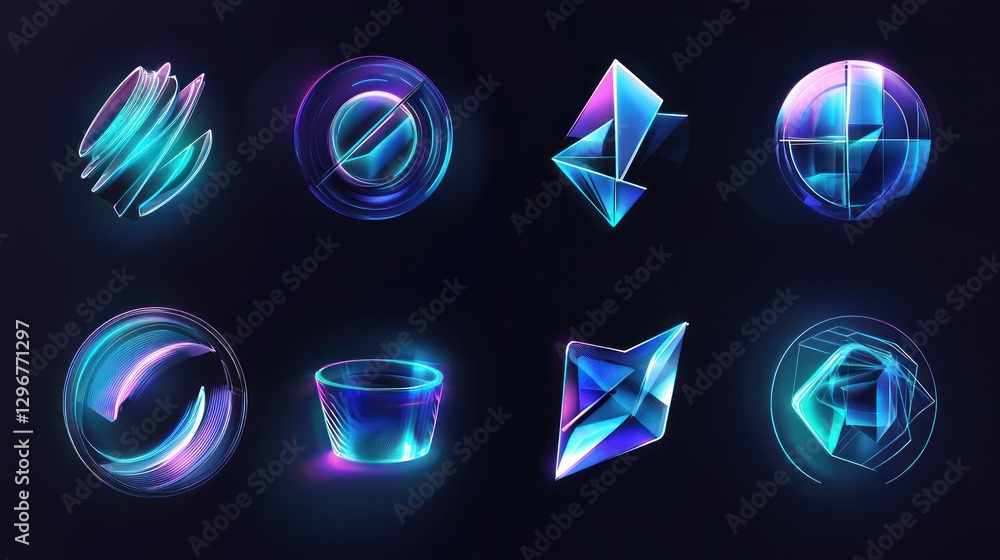 Poster a futuristic icon set with clean lines and gradients, embodying cutting-edge business concepts.