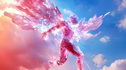 A celestial protector made of holographic code, defending the balance between organic life and artificial intelligence