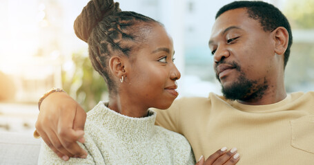 Care, relax or black couple on couch in home or living room together with love, support or trust....