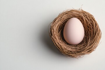 Soft pink egg rests peacefully in natural woven nest on light su