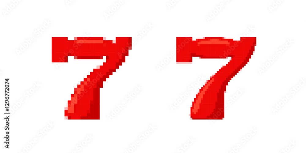 Poster two pixelated red number sevens with a glossy effect, designed in a bold digital typography style