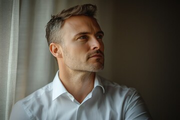 Obraz premium A contemplative man in a white shirt looks thoughtfully out a window, lost in thought.