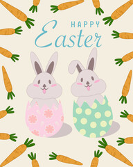 Two rabbits in Easter eggs illustration for cards, wallpaper, kid’s textile, wrapping paper.