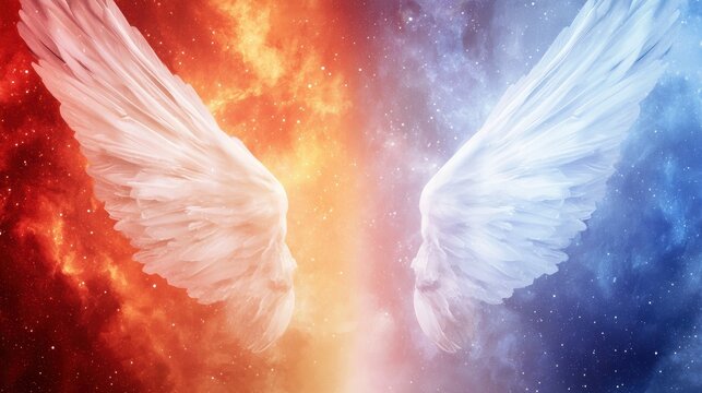 A cybernetic seraphim with holographic feathers, radiating divine digital energy across an interstellar realm