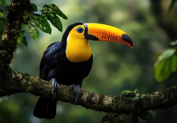 Fototapeta premium Colorful Toucan Perched on a Branch Surrounded by Lush Greenery in a Tropical Forest Setting, Showcase of Avian Beauty and Nature's Splendor