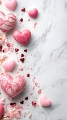Pink heart candies on marble, Valentine's Day, sweet treats, food photography, desktop background
