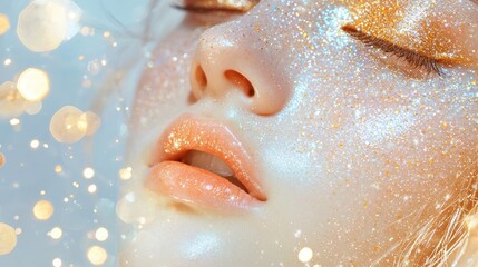 Fototapeta premium A fantasy-inspired beauty look with soft golden highlights, delicate fairy-like shimmer, and glowing glass skin