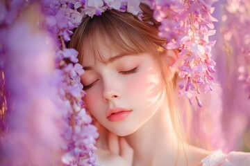 Fototapeta premium Serene Young Woman with Floral Wreath Surrounded by Blossoming Purple Flowers