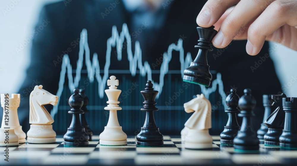 Poster a person moves a chess piece on a board, while a financial graph is displayed in the background, sym